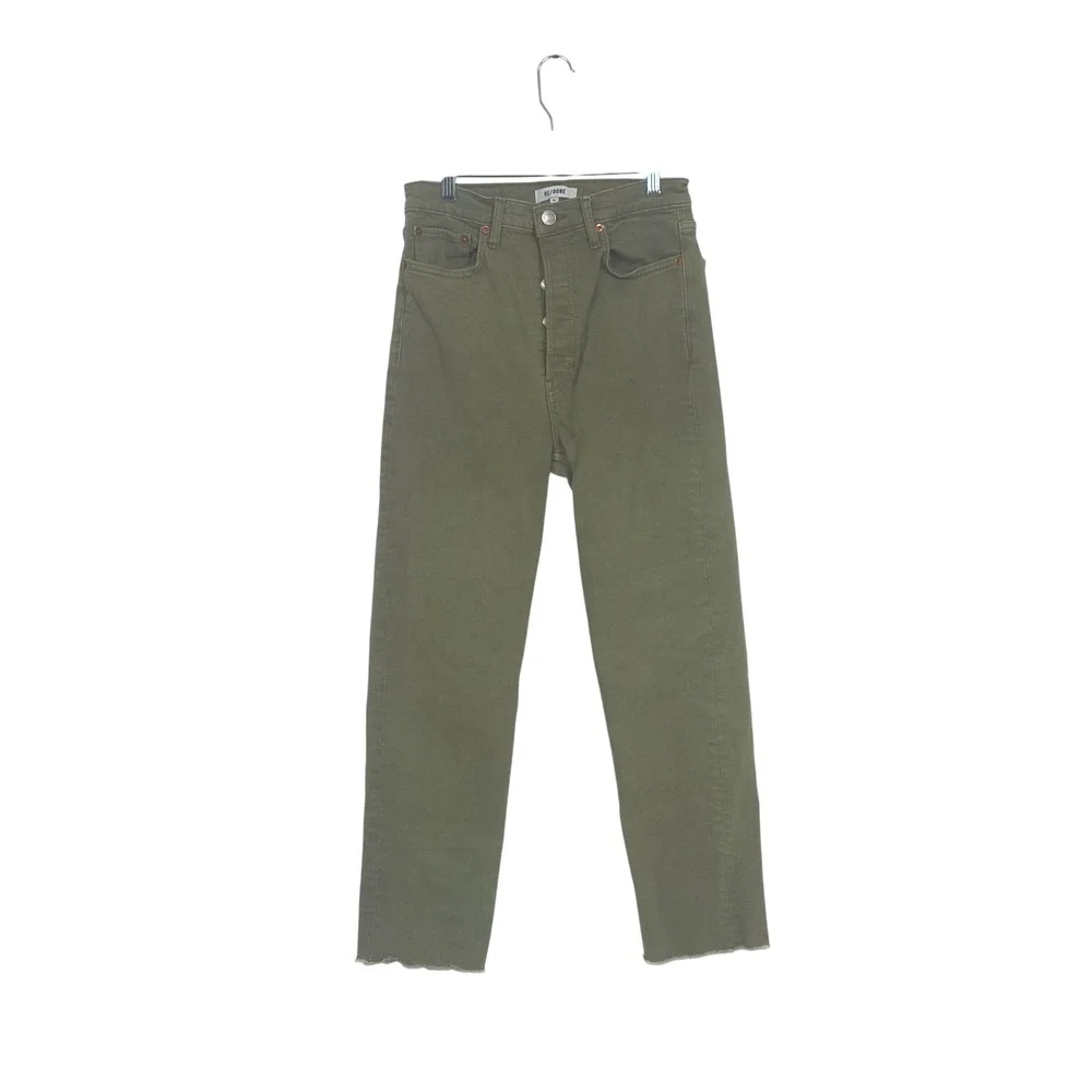 RE/DONE High Rise Ankle Crop Jeans Olive‎ Green Button Fly Raw Hem Denim Size 28